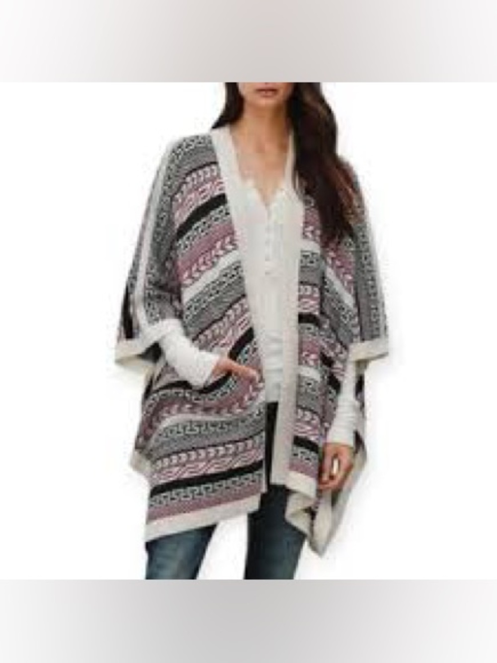 TNA Striped Pattern Open-Front Poncho Sweater in Pink, Gray & Cream